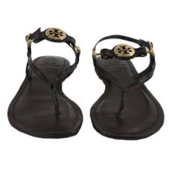 Tory Burch Ali Thong Sandals Black Patent Leather Gold Logo Size 9 - Picture 2 of 5
